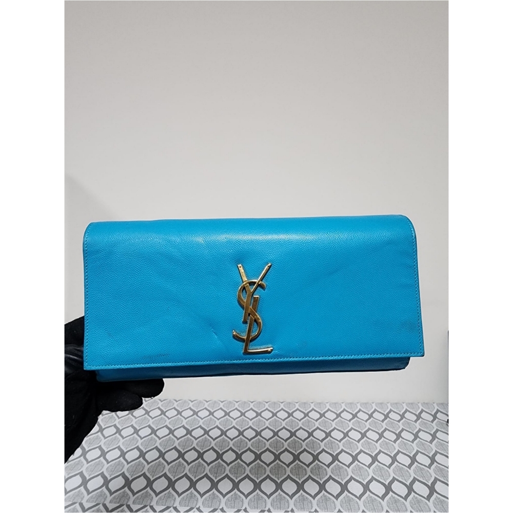 YVES SAINT LAURENT Caviar Leather Cassandre Clutch Bag turquoise
